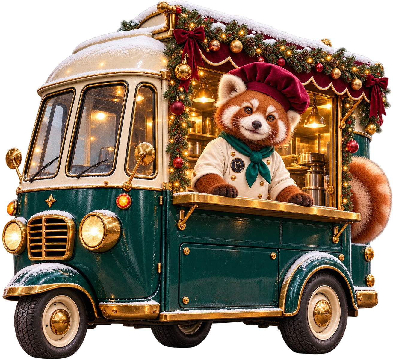 Notre panda roux cuisinier, portant notre écusson TG, vous accueille au comptoir de son foodtruck